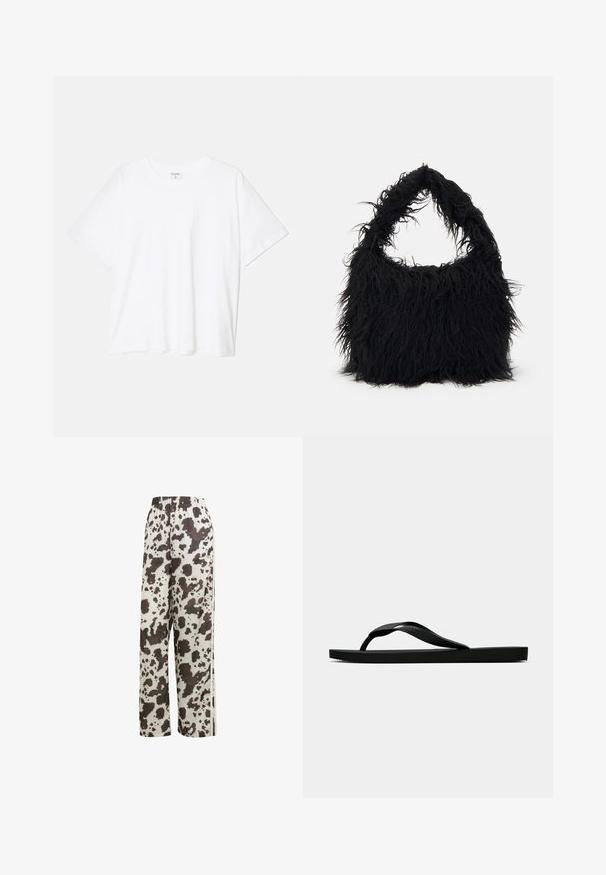 Witte katoenen t-shirt met korte mouwen, ronde halslijn, comfortabele pasvorm en gestikte zoom. Etiket zichtbaar aan de binnenzijde van de hals.; adidas Originals COW PRINT SATIN WIDE LEG - Trainingsbroek - multicolor off white; Zwarte rubberen flip-flop sandaal met een getextureerde strap en een eenvoudige platte zool, zijaanzicht op een effen lichte achtergrond.; Even&Odd Shopper - black