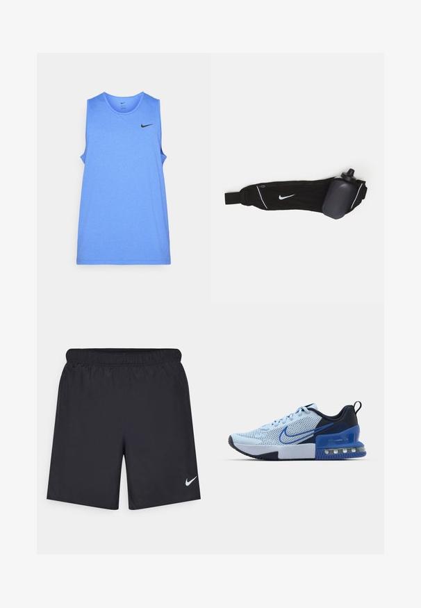 Helles blaues ärmelloses Sportshirt aus glattem Stoff. Mit Rundhalsausschnitt und schwarzem Nike-Logo auf der oberen linken Seite.; Schwarze sportliche Shorts aus leichtem Material mit einem elastischen Bund. Auf der unteren linken Seite befindet sich ein kleines weißes Nike-Logo.; Nike-Sneaker mit einem hellblauen Mesh-Obermaterial, dunklen blauen Akzenten, einem ausgeprägten Absatz und einer sichtbaren Luftdämpfungseinheit.; Schwarzer Wasserflaschen-Gürtel mit verstellbarem Riemen, ausgestattet mit einem weißen Nike-Logo, einem grauen Wasserflaschenhalter und weißen Akzentstichen.