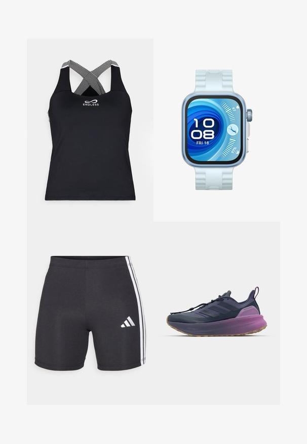 Endless CROSS - Top - black; Schwarze sportliche Shorts aus dehnbarem Material, mit weißen Seitestreifen und einem Adidas-Logo am unteren rechten Bein. Glatte Textur.; adidas Performance ULTRABOOST 5  - Laufschuh Straße - shadow navy/legend ink/preloved purple; Hellblaues Smartwatch mit einem quadratischen Touchscreen, digitaler Zeitanzeige und kreisförmiger Batterieanzeige. Verfügt über ein strukturiertes Silikonarmband und einen Metallknopf.