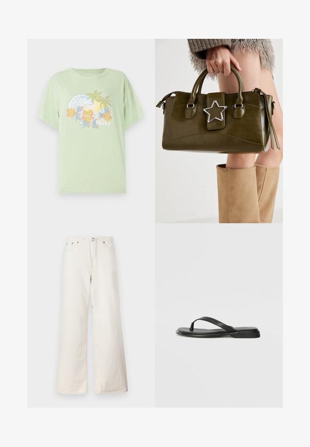 Világoszöld, rövid ujjú póló, hullám- és virágmintával, a "ROXY" márkanevével fehér színben. Puha pamut anyag.; Fehér, bő szárú farmernadrág, húzózsinórral a derékrészen, elülső zsebekkel és finom varrási részletekkel. Tartós pamutból készült.; Fekete papucs sima bőrből, vékony pántkel és lapos talppal rendelkezik, minimális profilú. Nincsenek kiemelkedő minták vagy díszítések.; Olívazöld műbőr kézitáska ezüst csillag díszítéssel, dupla fogantyúval és cipzáros zárással. Texturált felület és formázott alak.