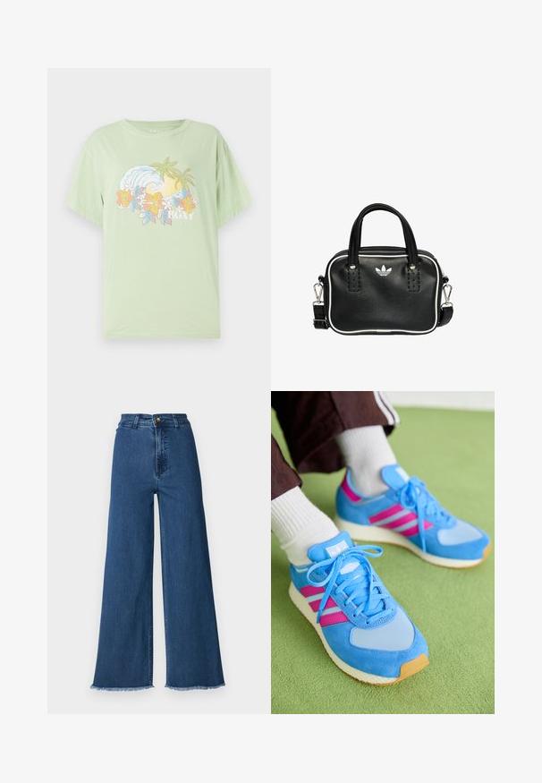 Lichtgroen T-shirt met korte mouwen, met een golf- en bloemenafbeelding en de merknaam "ROXY" in het wit. Zacht katoen materiaal.; Billabong FREE FALL - Flared Jeans - brew; Blauwe sportieve schoenen van suede en gaas, met roze strepen, ronde neus en een gestructureerde rubberen zool. De veters zijn lichtblauw.; Zwarte leren handtas met twee korte handvatten, zilverkleurige hardware, witte accenten en een wit logo. Heeft een gestructureerd oppervlak en een compact ontwerp.