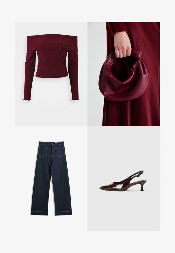 Burgundiszínű, vállnélküli felső bordás anyagból, hosszú ujjú, testhezálló fazonnal és lekerekített szegéllyel az alján.; Sötétkék, széles szárú farmernadrág, eltérő bézs varrással, két hátsó zsebbel és gombos záródással a deréknál.; Barna lakkbőr slingback cipő hegyes orral és mérsékelt sarkal. Biztonságos illeszkedést biztosító csattal rendelkezik. Sima textúra.; Burgundi bőrtáska puhán ráncolt dizájnnal és kerek alakban. A fogantyú rögzítve van, sima textúrával rendelkezik.