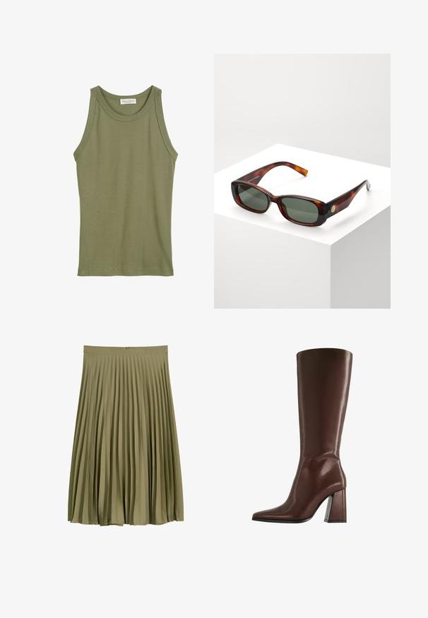 Olivgrünes Tanktop, ärmelloses Design, aus weicher Baumwolle, mit runder Ausschnittkante und genähten Säumen. Keine Muster oder Verzierungen sichtbar.; Olivgrüner Midilanger, plissee-Rock mit einem Taillenbund und einem verdeckten Reißverschluss auf der Rückseite.; Brauner kniehoher Lederstiefel mit spitzer Zehe und klobigem mittelhohem Absatz, Seitenansicht vor weißem Hintergrund.; Schildpatt rechteckige Sonnenbrille mit grünen Gläsern. Breiter Rahmen, glatte Oberfläche, goldene Akzente an der Seite und schlanke Bügel.