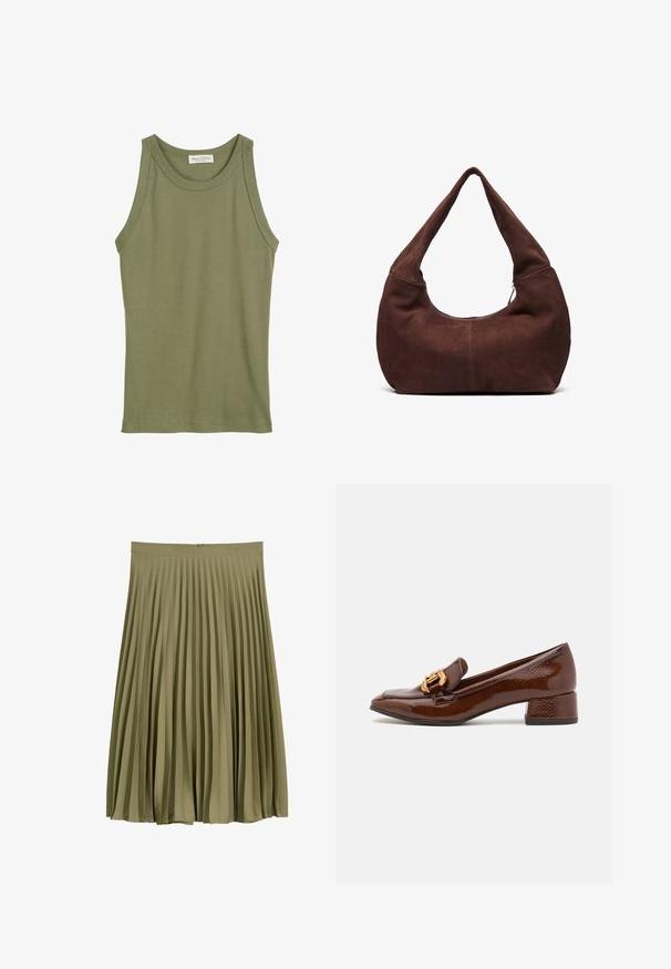 Débardeur vert olive, design sans manches, fabriqué en coton doux, avec un col arrondi et des bords surpiqués. Aucun motif ni accent visible.; Jupe midi plissée vert olive avec ceinture et fermeture éclair dissimulée au dos.; Mocassins en cuir marron avec une finition brillante, dotés d'une boucle décorative en or à l'avant et d'un talon bas. Design classique.; Sac hobo en daim marron avec une poignée large et incurvée et une grande ouverture. Texture douce avec des détails de couture visibles le long des bords.