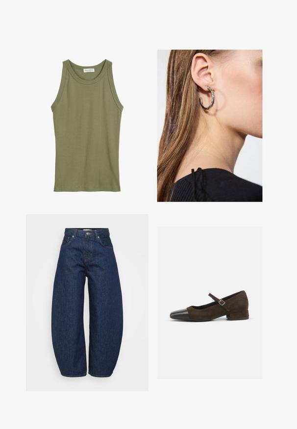 Canottiera verde oliva, design senza maniche, realizzata in morbido cotone, con scollatura rotonda e orli cuciti. Nessun motivo o accento visibile.; Jeans in denim blu scuro con taglio ampio e comodo. Presentano una chiusura con zip, quattro tasche e cuciture a contrasto lungo le cuciture.; Scarpa Mary Jane in suede marrone con punta in vernice nera, cinturino regolabile e tacco basso a blocco. Texture liscia con dettagli minimi.; Orecchino a cerchio in argento con finitura lucida, caratterizzato da piccoli dettagli in oro e una forma tondeggiante, indossato sul lobo.