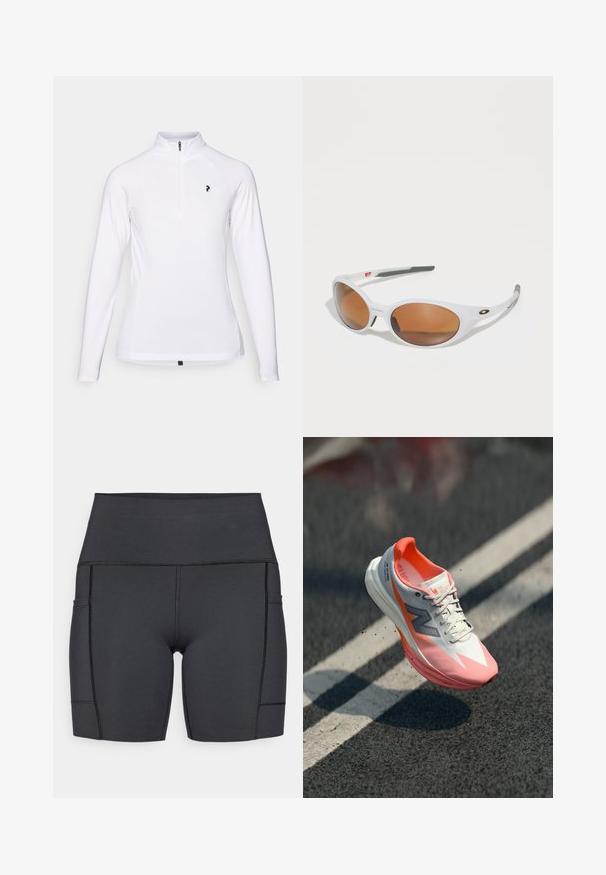 Hvid langærmet pullover med kvart lynlås-krave, der har et sort logo på brystet og er lavet af glat, let stof.; Sorte højtaljede shorts lavet af strækbart stof, med sidelommer, flade sømme og en glat tekstur for komfort under aktiviteter.; Løbesko med en hvid og pink overdel, der har en mesh-struktur, reflekterende detaljer og en polstret sål. Letvægtsdesign til høj præstation.; Hvide solbriller med brune linser, oval form, lavet af glat plastik, med grå accenter på stængerne og et logo på rammen.