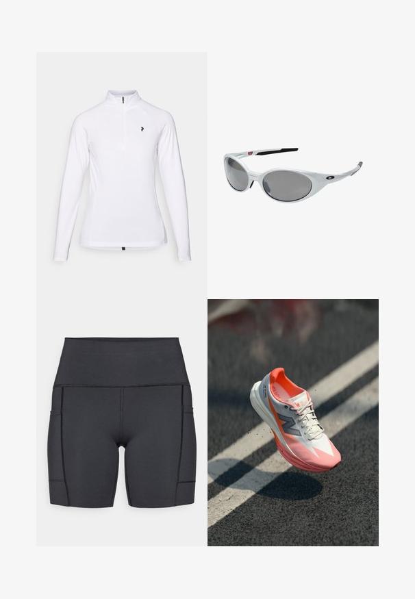 Hvid langærmet pullover med kvart lynlås-krave, der har et sort logo på brystet og er lavet af glat, let stof.; Sorte højtaljede shorts lavet af strækbart stof, med sidelommer, flade sømme og en glat tekstur for komfort under aktiviteter.; Løbesko med en hvid og pink overdel, der har en mesh-struktur, reflekterende detaljer og en polstret sål. Letvægtsdesign til høj præstation.; Hvide plast solbriller med store ovale linser, gråtonede. Har sorte øre greb og et lille logo på rammen. Glat overflade.