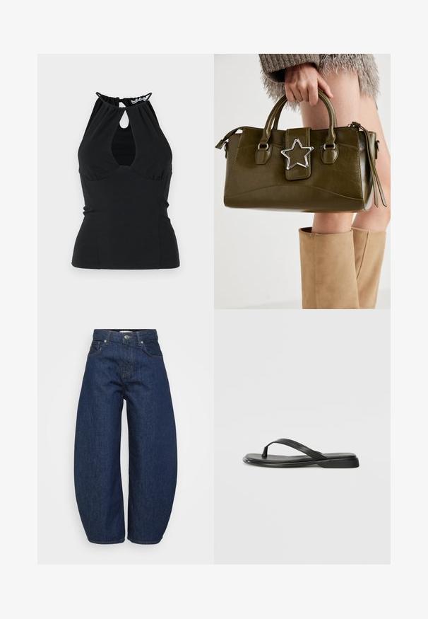 Schwarzes Halsband-Top mit einem Schlüssellochausschnitt am Ausschnitt, das auf der Rückseite gerafften Stoff und ein enganliegendes Design aufweist. Hergestellt aus einem glatten Material.; Hochtaillierte dunkelblaue Denim-Jeans mit weitem Bein, Knopf- und Reißverschluss vorne sowie klassischem Fünf-Taschen-Design.; Schwarze Flip-Flops aus glattem Leder, mit einem dünnen Riemendesign und einer flachen Sohle mit minimalem Profil. Keine bemerkenswerten Muster oder Akzente.; Olivgrünes Kunstlederhandtasche mit silbernem Sternakzent, doppelten Griffen und einem Reißverschluss. Strukturierten Form und texturierten Oberfläche.; Silberne Creolen mit polierter Oberfläche, die kleine goldene Akzentdetails und eine runde Form aufweisen, am Ohrläppchen getragen.