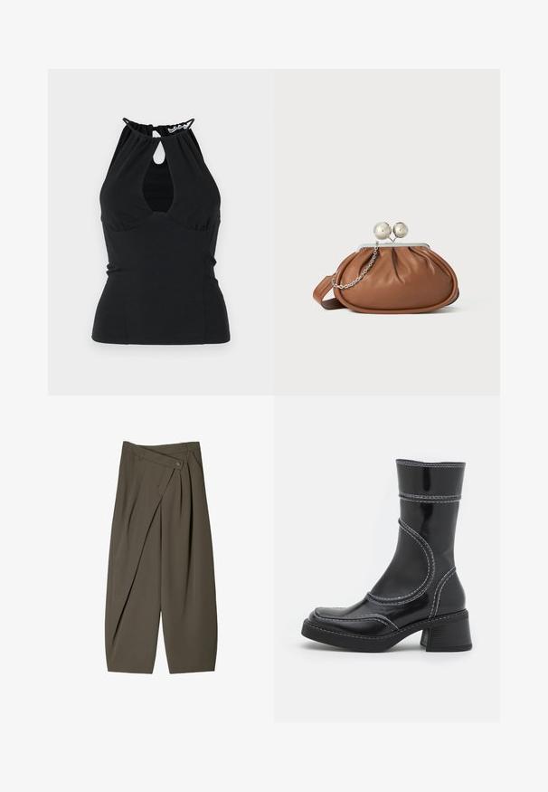 Svart haltertop med en nyckelhålsutskärning vid halslinjen, har samlad tyg vid baksidan och en figurnära design. Tillverkad av ett slätt material.; Breda byxor i mörk olivgrönt tyg, med en veckad frontdesign, knappstängning och en polerad, texturerad yta.; Svart lackläder ankelboot med vit sömnad, rund tå och blockklack. Har böjda designlinjer och en slät textur.; Brun läderhandväska med silverkulklämma och en liten silversked på vit bakgrund.