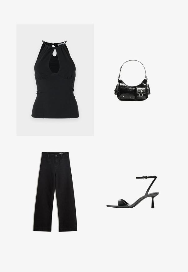 Zwarte haltertop met een keyhole uitsnijding bij de halslijn, met geplooide stof aan de achterkant en een aansluitend ontwerp. Gemaakt van een gladde textuur.; Zwarte denim broek met wijde pijpen en een hoge taille, voorzien van voor- en achterzakken, gestikte naden en een knoopsluiting. Gladde textuur.; Bershka Sandalen met hoge hak - black; Zwarte laarzen in lakleer met een gebogen vorm, één schouderband, voorvakken en accenten in zilverkleurig metaal.