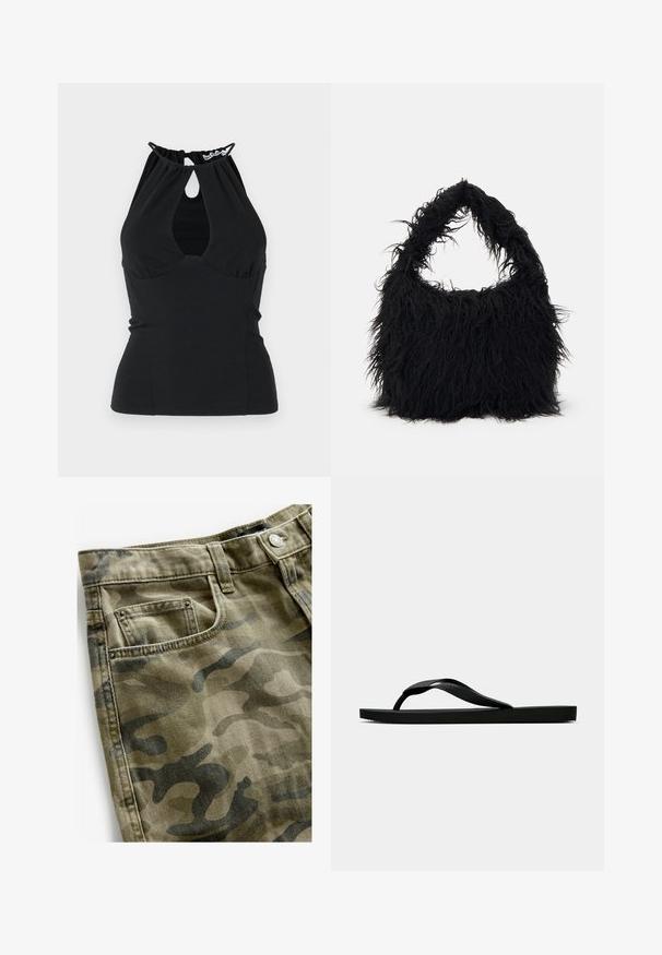 Top halter nero con un'apertura a chiave nel collo, caratterizzato da tessuto arricciato sul retro e un design aderente. Realizzato in un tessuto liscio.; Next Shorts di jeans - camo print; Infradito in gomma nera con cinturino testurizzato e suola piatta semplice, mostrati di lato su uno sfondo chiaro e uniforme.; Even&Odd Shopping bag - black