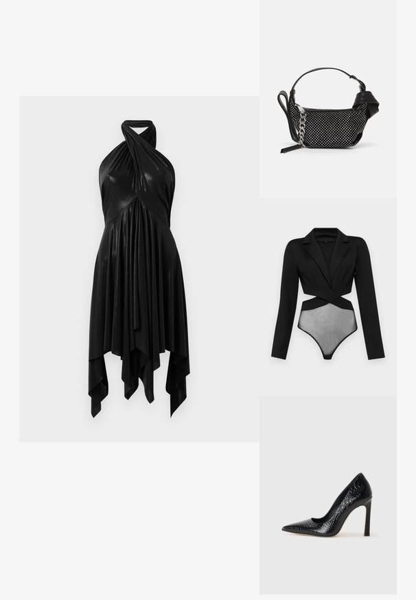 Crni bodi s dugim rukavima, s krojenim gornjim dijelom nalik sakoju i prozirnim mrežastim panelom na dnu. Glatka tekstura, kroj koji se prilagođava tijelu.; Crna haljina na bretelama s drapiranim dizajnom. Izrađena od sjajnog materijala, s uvijenim dekolteom i asimetričnom suknjom. Glatka tekstura.; Crne visoke potpetice s oštrim prstima, od teksture krokodilske kože, elegantnog dizajna, visoke stiletto potpetice i glatkog crnog unutrašnjosti.; Crna torba sa teksturiranim dizajnom, ukrašena srebrnim šiljcima i debelom srebrnom lančanom remenom. Ima elegantan, minimalistički oblik.