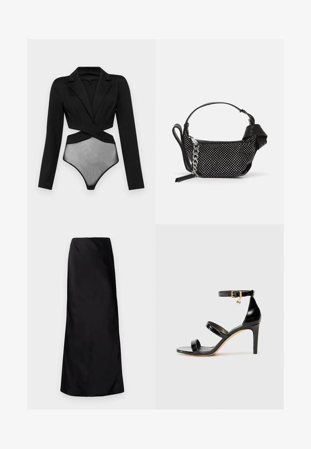 Schwarzer Body mit langen Ärmeln, der oben wie ein maßgeschneiderter Blazer geschnitten ist und unten ein transparentes Netzpaneel hat. Glatte Textur, körperbetontes Design.; Norma Kamali BIAS OBIE SKIRT - Maxirock - black; Schwarze Lackleder-Sandale mit drei Riemen, Knöchelriemen und 10 cm hohen Stiletto-Absatz. Verfügt über goldfarbene Hardware-Details und ein Logo-Charm.; Schwarze Handtasche mit Nietenverzierungen, einer Kettenriemen und einem glatten Ledergriff, in runder Form und mit einem Reißverschlussfach.