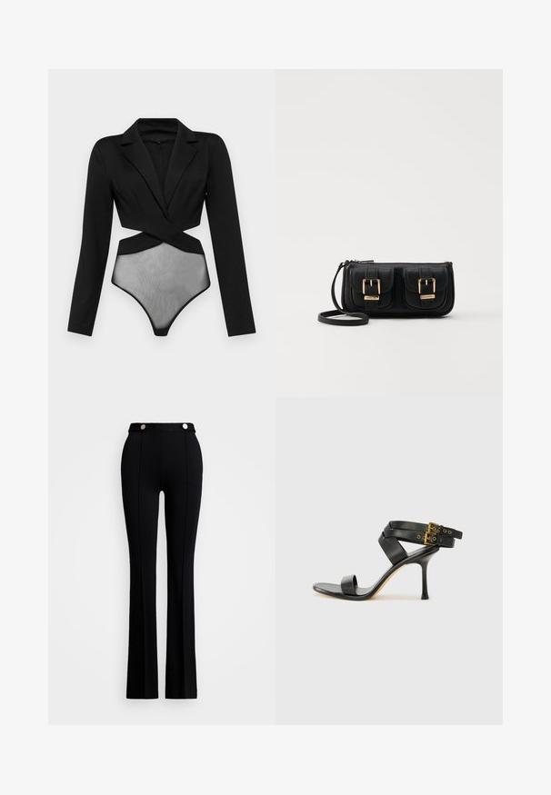 Svart bodysuit med lange ermer, med en skræddersydd blazerlignende topp og gjennomsiktig mesh-panel nederst. Glatt tekstur, kroppsnær design.; Svarte flagrende bukser laget av elastisk stoff, med høy liv, to frontlommer og sølvknapper som detaljer i livet.; Svarte hælsandaler med kryssende stropper og justerbar spenne. Har en jevn tekstur og avsmalnende stilettoklakk.; Svart skinn crossbody veske med to frontlommer, gyldne spenner, glidelåslukking og en slank stropp. Teksturert overflate og kompakt rektangulær form.