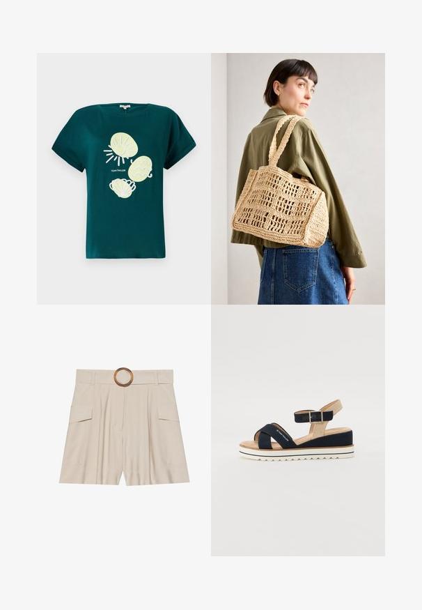 Tyrkysové bavlnené tričko s grafikou slnka a mušli v svetložltej a bielej farbe, s uvoľneným strihom a zvinutými rukávmi.; Béžové šortky s vysokým pásom, širokým plochým opaskom, drevenou kruhovou prackou, skladaným predným dielom a dvoma bočnými vreckami. Hladká textúra tkaniny.; Námornícka modrá sandála s dvoma textilnými popruhmi, nastaviteľným popruhom na členku a textúrovaným béžovým zázemím. Hrubá, biela, vlnitá podošva. Značka potlačená na popruhu.; Hnedá pletená taška s croché vzorom, obdĺžnikového tvaru, s dvoma širokými uchami a otvoreným mriežkovým vzorom. Dizajn obsahuje textúrovanú látku a priestranný interiér.