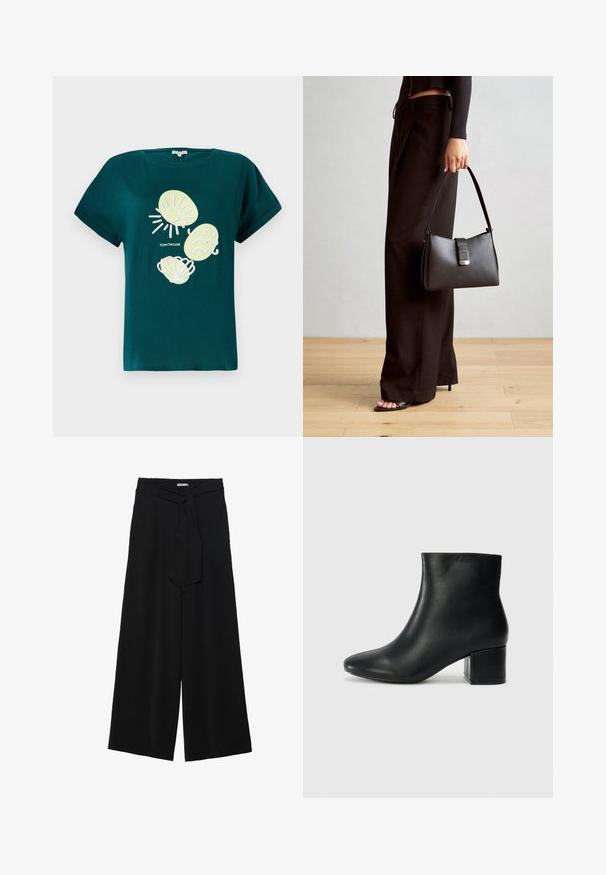 Tricou din bumbac teal, cu un grafic ce prezintă un soare și scoici în nuanțe de galben deschis și alb, cu o croială lejeră și mâneci rulate.; Pantaloni largi negri dintr-un material texturat, cu un tiv elastic și o panglică detașabilă la talie pentru un fit ajustabil.; Cizme negre din piele până la gleznă, cu vârf ascuțit și toc robust. Textură netedă, cu accente minime și un design elegant, ajustat.; Genți negre cu o formă structurată, textură netedă și un închizător metalic. Asortată cu pantaloni negri largi și sandale cu vârf deschis pe un podea din lemn.