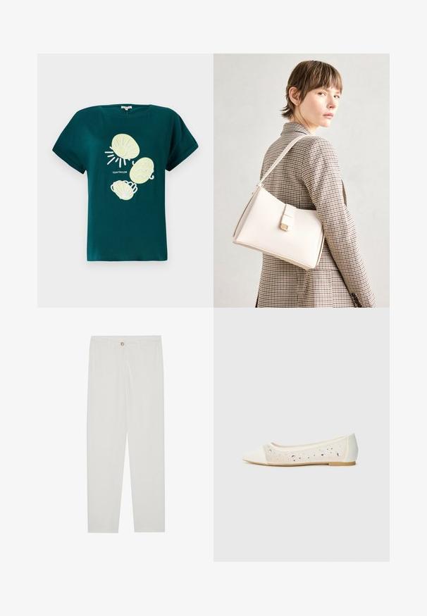 Tricou din bumbac teal, cu un grafic ce prezintă un soare și scoici în nuanțe de galben deschis și alb, cu o croială lejeră și mâneci rulate.; Pantaloni albi, croiți, cu un design drept al piciorului, având sistem de închidere cu nasture, bucle pentru curea și buzunare laterale; textură de țesătură netedă.; Pantofi stilați cu vârful ascuțit, din piele crem, cu partea superioară transparentă și strasuri dispersate. Talpă moale pentru confort, design minimalist.; Geantă de mână din piele albă cu un design structurat, având o închidere magnetică și un breteau, expusă pe un fundal neutru.