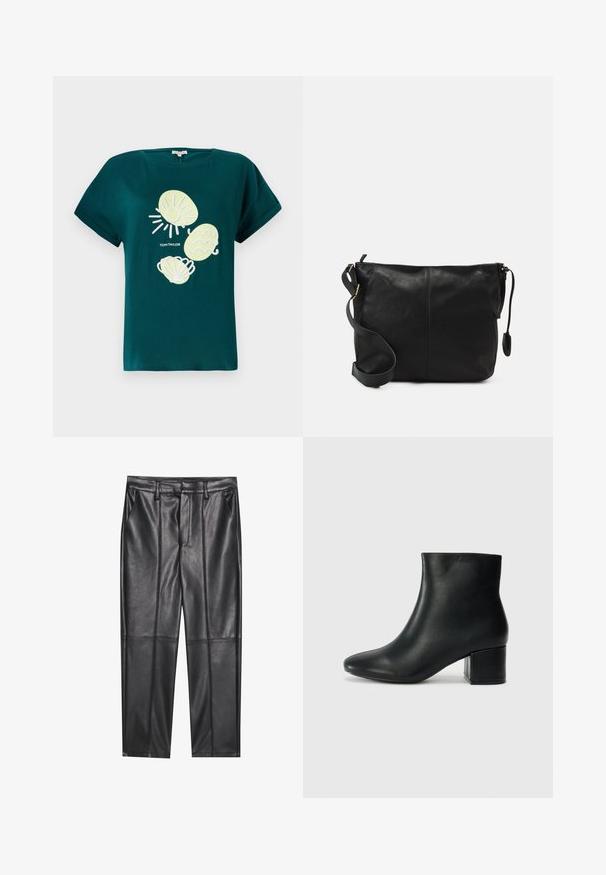 Tyrkysové bavlnené tričko s grafikou slnka a mušli v svetložltej a bielej farbe, s uvoľneným strihom a zvinutými rukávmi.; Čierne kožené nohavice s hladkou textúrou, rovného strihu, s dvoma prednými vreckami a viditeľným švom.; Čierne kožené členkové čižmy s špicatou špičkou a hrubým podpätkom. Hladká textúra s minimálnymi akcentmi a elegantným, priliehavým dizajnom.; Čierna kožená crossbody taška s plochým tvarom, zlatými kovovými akcentmi a nastaviteľným popruhom. Hladký povrch s minimálnymi švíkmi.