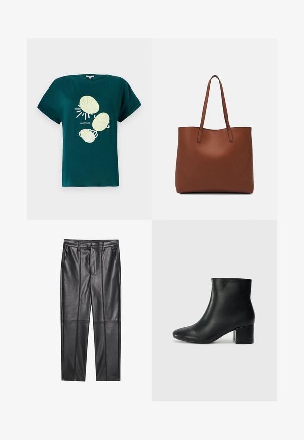 Zelena bombažna majica z grafiko sonca in školjk v svetlo rumeni in beli barvi, z udobnim krojem in zavitimi rokavi.; Črne usnjene hlače z gladko teksturo, z ravnim krojem, dvema sprednjima žeparjema in vidnimi šivi.; Črne usnjene gležnjarje s koničastim nosom in debelim peto. Gladka tekstura z minimalnimi detajli in eleganten, prilegajoč dizajn.; Rjava usnjena torba z gladko teksturo, odprto zasnovo zgoraj in dvema naramnima trakovoma. Opremljena je z minimalnim šivanjem in brez vidnih kovinskih delov.