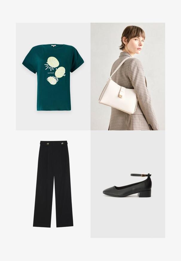 T-shirt de algodão azul-turquesa com um gráfico de um sol e conchas em amarelo claro e branco, com um corte relaxado e mangas enroladas.; Calças largas pretas com cintura alta, detalhes em botão na cintura e pregas frontais.; Sandal de pele preta com bico pontiagudo e um salto bloco baixo. Apresenta uma tira no tornozelo com uma fivela em tom dourado. Textura suave.; Bolsa de mão em couro branco com um design estruturado, apresentando um fecho magnético e uma alça de ombro, exibida sobre um fundo neutro.