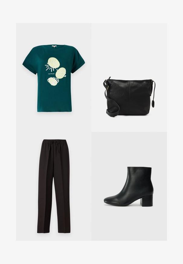 Tyrkysové bavlnené tričko s grafikou slnka a mušli v svetložltej a bielej farbe, s uvoľneným strihom a zvinutými rukávmi.; Čierne široké nohavice s elastickým pásom a nastaviteľnou šnúrkou. Vyrobené z hladkej, ľahkej tkaniny bez viditeľných vzorov.; Čierne kožené členkové čižmy s špicatou špičkou a hrubým podpätkom. Hladká textúra s minimálnymi akcentmi a elegantným, priliehavým dizajnom.; Čierna kožená crossbody taška s plochým tvarom, zlatými kovovými akcentmi a nastaviteľným popruhom. Hladký povrch s minimálnymi švíkmi.