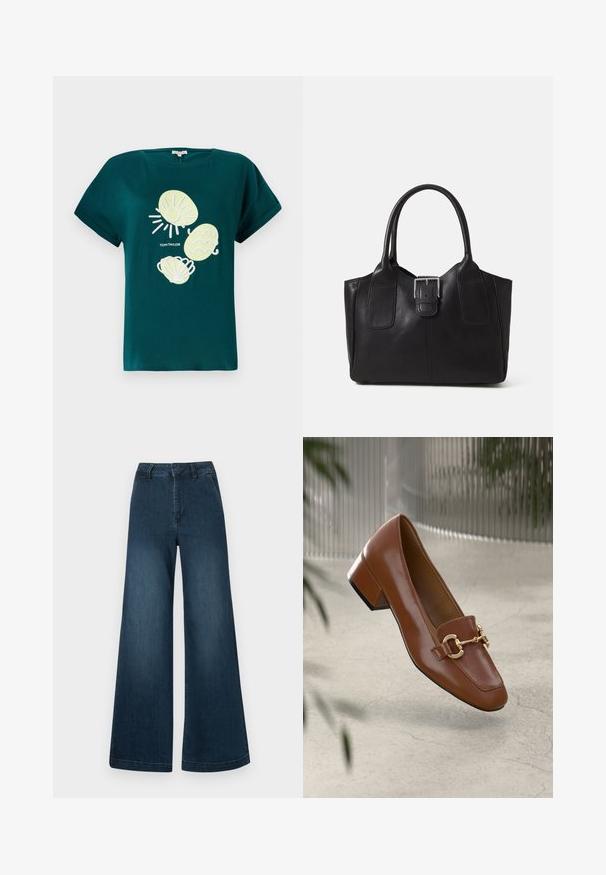 Teal värvi puuvillane T-särk, millel on helekollane ja valge päikese ning merikarbi graafika, mugava lõikega ja üleskeeratud varrukatega.; Tumedast sinise kõrge vöökohtaga avara jännide teksapüksid, millel on esikotid ja vöölõugadega valgel taustal.; Pruunist lakknahast loafer, millel on ruudukujuline varvas, metallist ahel kaunistus ja madal plokkkonts; sile tekstuur, minimalistlik disain.; Mustgamma nahast kott, millel on sile tekstuur, struktureeritud kuju, kaks käepidet ja esiküljel silmapaistev hõbedane pandla detail.
