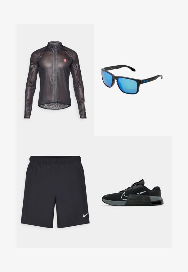 Svart langermet sykkeljakke laget av lett, tynn stoff. Har hel lynlås og høy krage. Castelli-logo på ermet.; Svart sportskjørt laget av lett materiale med elastisk linning. Har en liten hvit Nike-logo nederst til venstre.; Svart atletisk sko med mesh-overdel, grå detaljer og teksturert såle. Har en fremtredende logo og snøring. Gummisåle for godt grep.; Stilige svarte solbriller med blå speilglass, firkantede rammer og blå detaljer på stengene. Laget av lett plastmateriale.