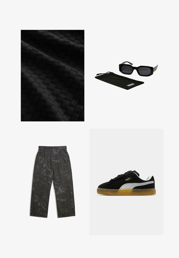 Fekete textúrájú anyag, amely kiemelkedő négyzetekből álló szőtt mintázatot mutat, sima felülettel és bonyolult részletezéssel.; Sötétszürke farmernadrág, laza fazonnal, finom márványozott mintákkal és fém kiegészítőkkel. Öt zsebes design.; Fekete velúr sneaker fehér oldalsávval és arany logóval. Gumitalpával rendelkezik, amely texturált mintázatú. A fűző fekete és lapos.; Fekete napszemüveg szögletes, túlméretezett kerettel és sötét lencsékkel, egy fekete mikroszálas tasakkal, rajta egy logóval.