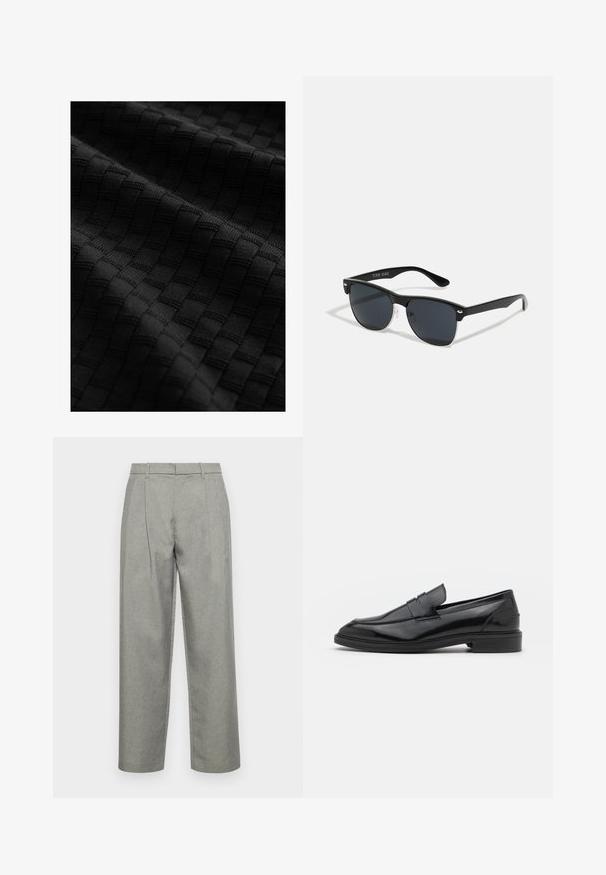 Tela negra texturizada con un patrón tejido de cuadrados elevados, que muestra una superficie suave y un intrincado detalle.; Pantalones gris ajustados hechos de tela texturizada, con un diseño de pierna recta, pliegues frontales y una cinturilla estándar con lazos para cinturón.; Mocasines de cuero negro con un acabado suave, que presentan una punta redondeada y una banda estrecha en la parte superior. Tacón bajo apilado.; Gafas de sol negras con forma rectangular, lentes oscuros, detalles plateados en las patillas y un acabado mate en la montura.