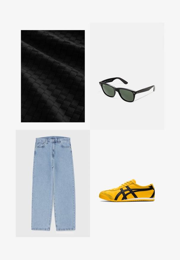 Černá texturovaná tkanina s tkaným vzorem vyvýšených čtverců, která se vyznačuje hladkým povrchem a složitými detaily.; Světle modré džíny s rovnými nohavicemi, středním pasem, pěti kapsami a zapínáním na knoflík a zip.; Žlutá sportovní bota s černými akcenty, hladký kožený povrch, křivkový design, kulatá špička, plochá bílá podešev a výrazné logo na boku.; Černé plastové sluneční brýle se zelenými skly, čtvercové obroučky, stříbrný detail na obočí a texturované stranice. Značka uvedená na vnitřní straně stranic.