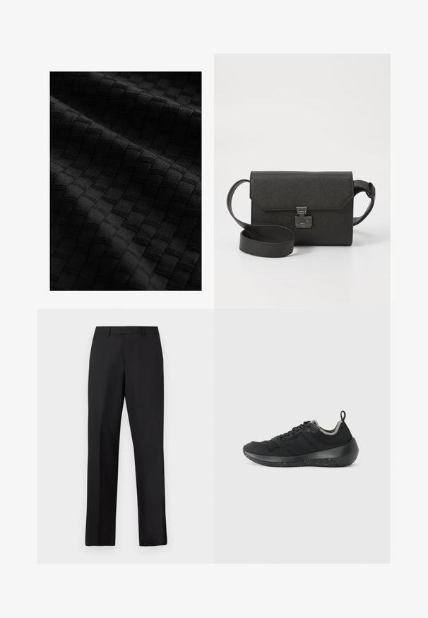 Black textured fabric featuring a woven pattern of raised squares, showcasing a smooth surface and intricate detailing.; Black, straight-leg trousers made of smooth fabric. Features a standard waistband and no visible patterns or accents.; Emporio Armani Trainers - navy/black; Black leather crossbody bag with a textured finish, flap closure, metal hardware, and a matching adjustable strap.