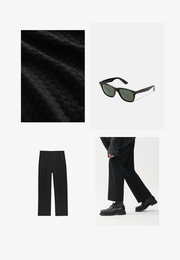 Sort tekstureret stof med et vævet mønster af hævede firkanter, der viser en glat overflade og indviklet detaljer.; Sorte bukser med lige ben, lavet af et glat stof. Har frontfolder og en enkelt knaplukning i taljen.; Sorte lædersko med rund tå, snørebåndsdesign og tyk, tekstureret sål. Båret sammen med skræddersyede sorte bukser og en ribbet sweater.; Sorte plastiksolkaber med grønne linser, firkantede stel, sølvaccent på brynene og teksturerede templede arme. Angivet mærke på den indre arm.