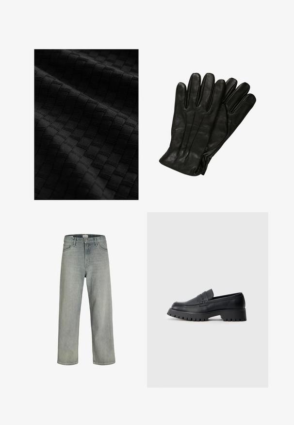 Tissu noir texturé présentant un motif tissé de carrés surélevés, mettant en valeur une surface lisse et des détails complexes.; Jeans gris clair, de coupe ample en denim. Présente un design classique à cinq poches, des passants de ceinture et une silhouette à jambe droite.; Mocassins en cuir noir avec un bout arrondi, présentant une sangle décorative et une semelle en caoutchouc épaisse avec de profonds crampons pour une meilleure adhérence.; Gants en cuir noir avec une texture lisse, cinq doigts et de subtils détails de couture. Design classique, adapté à une utilisation par temps froid.