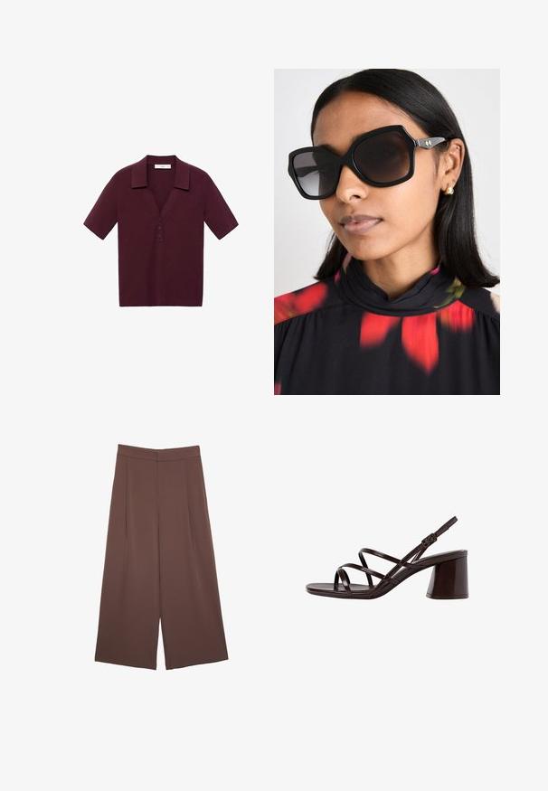 Koszulka polo z krótkim rękawem w głębokim burgundowym kolorze, wykonana z teksturowanej tkaniny, z dekoltem w kształcie litery V, trzema guzikami oraz usztywnionym kołnierzykiem.; Brązowe spodnie o szerokich nogawkach z gładką fakturą, z wysokim stanem i plisami z przodu. Materiał jest lekki i luźno opada.; Brązowe sandały na wysokim obcasie z grubym obcasem, z gładkim, błyszczącym wykończeniem i wieloma krzyżującymi się paskami na cholewce.; Czarne, duże okulary przeciwsłoneczne o geometrycznej oprawie, ciemne soczewki i złote akcenty, noszone z topem w kwiatowy wzór i wysokim kołnierzem.