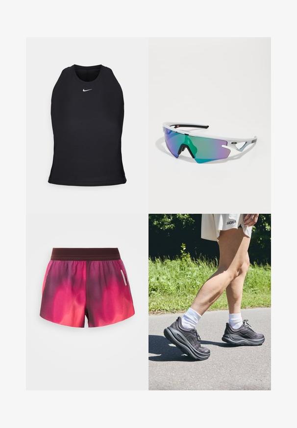 Sort atletisk tanktop lavet af glat, strækbart stof. Har en rund halsudskæring og en lille hvid logo centreret på brystet.; Pink og lilla gradient sportsshorts med elastisk talje, glat tekstur og et label på siden. Shortsene har en afslappet pasform.; Sorte atletik sko med struktureret stof, tykke polstrede såler og snørebånd, parret med hvide sokker og et lys beige tøj.; Sports solbriller med en hvid rámme, store linser med grøn og lilla gradient, vinklet design og sorte detaljer på stængerne og næsestykket.