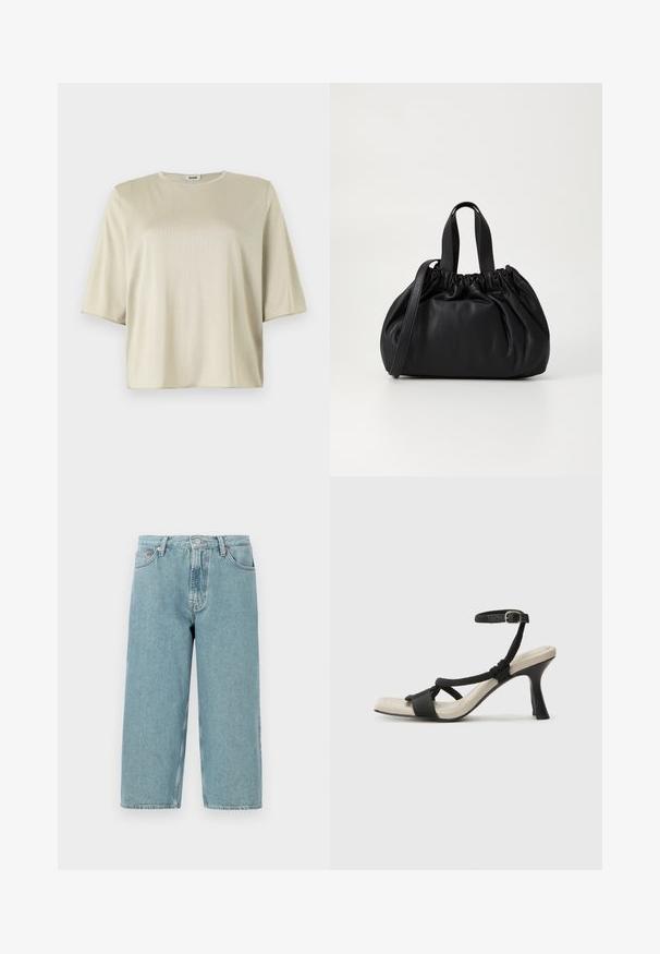 Kortskaftet, løstsittende topp i lys beige, med rund halslinning og myk tekstur, laget av et glatt, lett materiale.; Lyseblå denimshorts med høy midje, rett snitt og rå kant. Har klassisk knapp- og glidelås-lukking, samt fire lommer.; Sorte helårs sandaler med flettet stroppesdesign, firkantet tå og justerbar ankelrem. Lys beige fotseng med glanset svart hæl.; Svart lærveske med en samlet toppdesign, som har to korte håndtak og en lang justerbar stropp. Glatt tekstur, rund form.