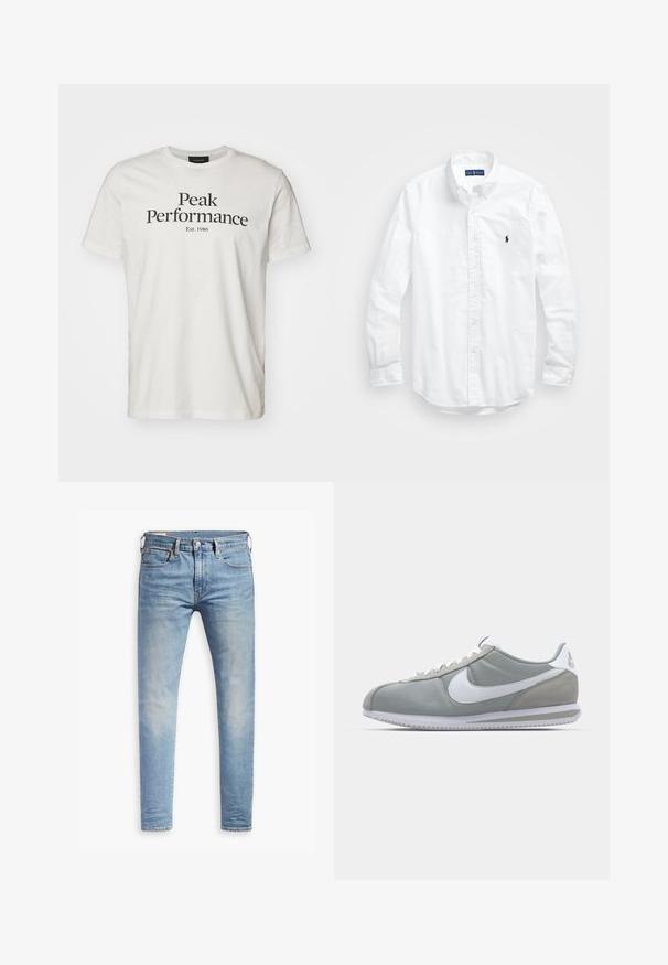 Peak Performance ORIGINAL TEE - Potiskana majica - offwhite/black; Bela dolg rokav srajca s gumbi iz bombaža. Ima klasičen ovratnik, gumbnice na zapestjih in majhen temno moder vezen logotip na prsih.; Svetlo modri oprijeti džins s blagim bledenjem na stegnenicah, sprednji gumbasti zapenjač, zanke za pas in pet žepov na belem ozadju.; Sive tenisice za šport z zgornjim delom iz semiša in tekstila, belim Nike swooshom in belimi vezalkami. Imajo strukturirano gumijasto podplat in oblazinjen ovratnik.