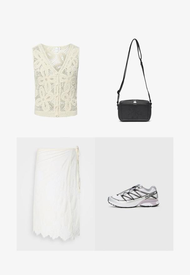 YAS ANULA - Toppi - ecru; Valkoinen kietaisuhame, jossa on kukkakuvioinen pitsikirjailu, aaltoileva helma ja sivusolki, esiteltynä yksinkertaisella taustalla.; Juoksukengät, joissa on kevyt, valkoinen verkkomateriaali, hopeiset yksityiskohdat ja musta nauhoitusjärjestelmä; sisältää rakenteellisen pohjan pitoa varten.; Musta nahkainen olkalaukku vetoketjulla, etuosassa kohoamalla painettu logo ja säädettävä hihna. Sujuva pinta ja suorakulmainen muoto.