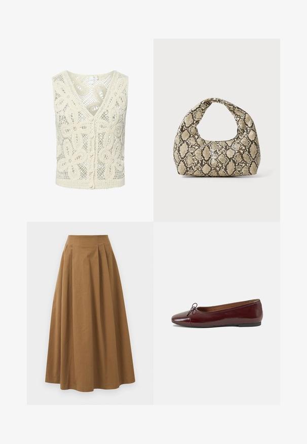 YAS ANULA - Topper - ecru; Brun bomull A-linje skjørt med høy midje, med folder foran og en jevn tekstur. Kantene er rene og enkle.; Burgunderrød lakk lær ballettleilighet med rund tå, liten sløyfe foran og en lav, svart gummisåle. Glatt tekstur.; Veske med slangeskinnmønster og krummet håndtak. Laget av teksturerte, beige og brune materialer, med et særegent diamantmønster.