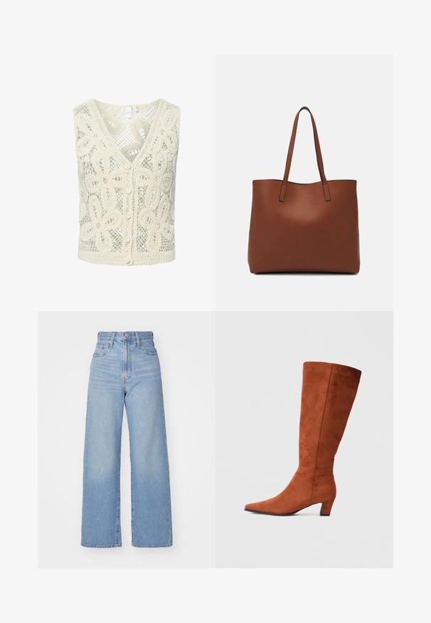 YAS ANULA - Top - ecru; Lyseblå højtaljede bukser med bred benåbning, med frontknap og lynlås, samt for- og baglommer, på en hvid baggrund.; Brune ruskinds knæhøje støvler med spids tå og en lille blokhæl, der har en glat tekstur og et minimalistisk design.; Brun læder tote taske med en glat overflade, åben topdesign og to skulderremme. Har minimal syning og ingen synlig hardware.
