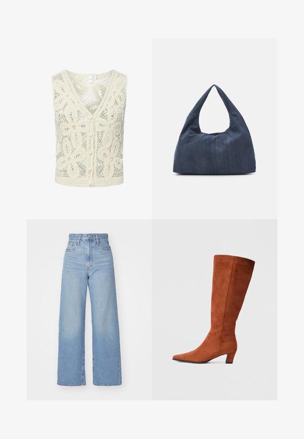YAS ANULA - Linne - ecru; Ljusblå högmidjade vida jeans med knapp- och dragkedjestängning, fram- och bakfickor, mot en vit bakgrund.; Bruna mockaskinn knähöga stövlar med spetsig tå och en liten klack, med en slät yta och minimalistisk design.; Mörkblå denimväska med en mjuk, slapp form, som har ett hobo-inspirerat handtag och en texturerad yta. Inga synliga metallaccenter.