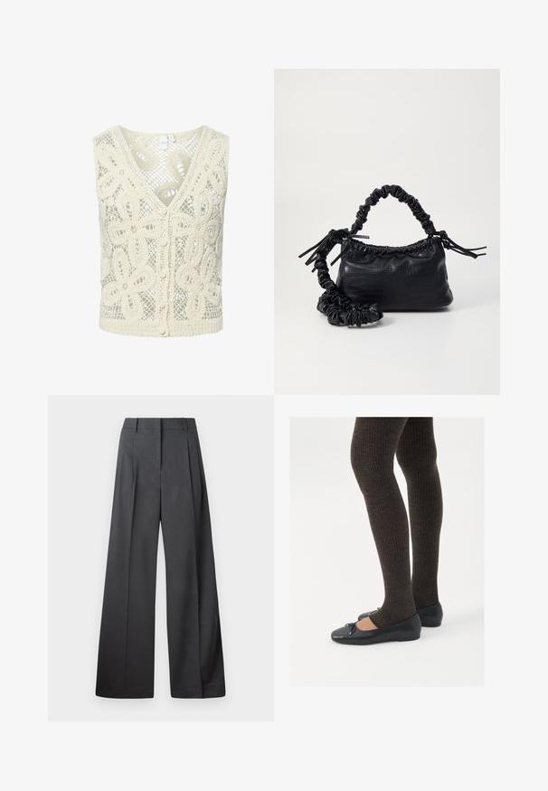 YAS ANULA - Top - ecru; Wijde broek in donkergrijze stof, met een hoge taille, enkele plooien en een gladde textuur met een nette afwerking aan de zoom.; Zwarte platte schoenen met een kleine strikdetail op de neus, gecombineerd met donkerbruine geribbelde panty’s. De schoenen hebben een gladde textuur en een lage profiel.; Zwarte nepleer handtas met een krokodillenstructuur, opgedroogde bovenkant en een gekreukte hengsel. Het lijkt zacht en compact van ontwerp.