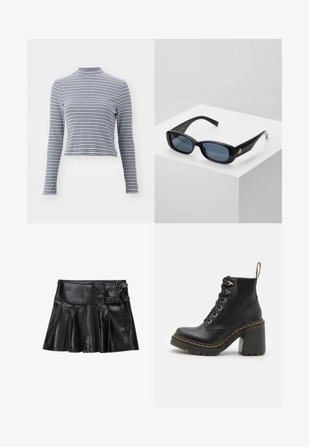 Striped long-sleeve turtleneck top, made of soft fabric. Features narrow horizontal black and white stripes and a fitted design.; Black leather skirt with pleats, wide waistband, and two buckle accents on the side. Smooth texture with a glossy finish.; Black leather ankle boot featuring a chunky high heel, lace-up front, metal eyelets, and yellow stitching along the sole. Textured rubber outsole.; Black rectangular sunglasses with tinted blue lenses, thick frames, and a gold circular accent on the side. Sleek, shiny finish.; Burgundy handbag made of synthetic material with a structured design, featuring a detachable strap and a floral-patterned scarf tied to the handle.