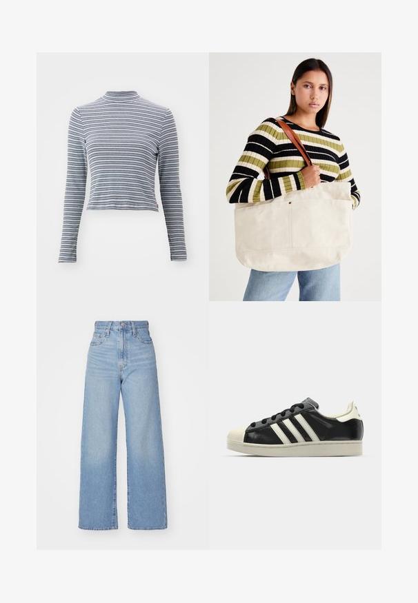 Ribaldi pikkade varrukatega kaeluseline topp, mis on valmistatud pehmest kangast. Omab kitsaid horisontaalseid must-valgeid triipse ja on figuuri järgiv disain.; Heledad sinine kõrge vöökohaga laiad teksad, ees nupp ja tõmblukk, ees ja taga taskud, valge tausta peal.; Must have nahkased mustad tossud valgete triipudega, kummist varbakattega, mustade paeltega ja kreemika värvusega tallaga. Sile tekstuur ja läikiv viimistlus.; Suur beežist kangast kott pruunide nahkrihmadega, millel on minimaalne disain ja nähtavad õmblusaktsendid.