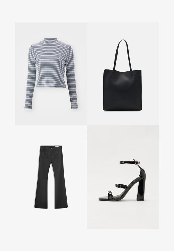 Maglia a maniche lunghe a collo alto a righe, realizzata in un morbido tessuto. Presenta sottili righe orizzontali bianche e nere e un design aderente.; Jeans neri a campana realizzati in denim con una texture liscia, dotati di due tasche posteriori e chiusura con bottone in vita.; Sandali con tacco in vernice nera, con punta squadrata, cinturini alla caviglia e fibbie in argento. Presentano un tacco a blocco spesso per maggiore stabilità.; Borsa tote in pelle nera con texture liscia, forma rettangolare e due manici lunghi. Nessun hardware o decorazione visibile.
