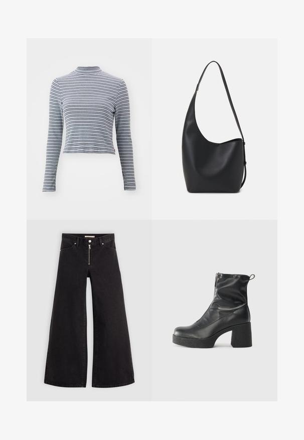 Striped long-sleeve turtleneck top, made of soft fabric. Features narrow horizontal black and white stripes and a fitted design.; Wide-leg jeans in black denim with a zippered front, five-pocket design, and subtle stitching details. Smooth texture and casual style.; Black ankle boots made of smooth leather, featuring a side zipper, chunky textured heel, and rounded toe design.; Black leather hobo bag with a smooth texture, curved shape, and single adjustable strap; features a wide opening at the top.