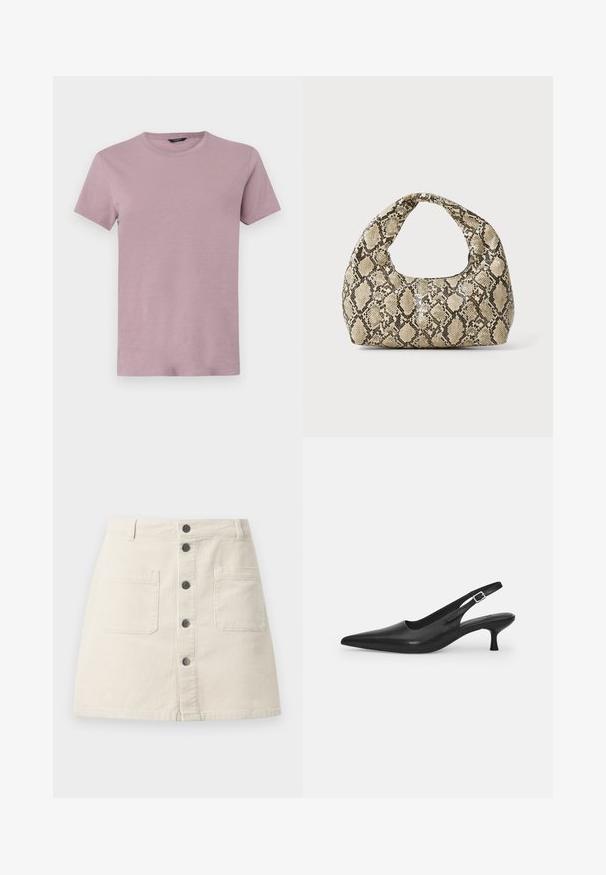 T-shirt da uomo con colletto girocollo in lilla chiaro, realizzato in un tessuto morbido. Maniche corte, vestibilità regolare, con una texture liscia e senza motivi visibili.; Gonna mini in velluto a coste beige con chiusura frontale a bottoni, due ampie tasche a toppa e passanti per cintura in vita.; Scarpa slingback nera in pelle con punta affusolata e tacco sottile e curvato. Presenta una discreta fascia regolabile con una fibbia in metallo.; Borsa a stampa rettile con manico curvo. Realizzata in materiali testurizzati beige e marroni, presenta un distintivo motivo a rombi.