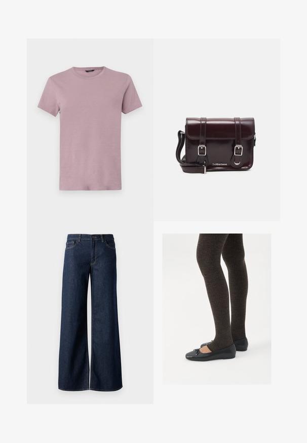 Férfi kerek nyakú póló világos mályva színben, puha anyagból készült. Rövid ujjú, normál szabású, sima textúrájú, látható minták nélkül.; Sötét kék farmer széles lábú nadrág. Kontrasztos varrással, öt zsebhálóval és gombos derékzárással rendelkezik. Simás textúra.; Fekete lapos cipők kis masni díszítéssel az orrán, sötétbarna bordázott harisnyával párosítva. A cipők sima textúrával és alacsony profilúak.; Burgundy lakkbőr keresztpántos táska téglalap alakú, két pánttal, ezüst színű szerelvényekkel és fedélzárral.