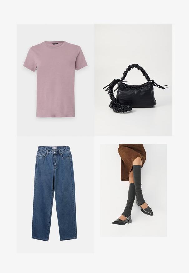 Heren crew neck t-shirt in licht mauve, gemaakt van zacht materiaal. Korte mouwen, reguliere pasvorm, met een gladde structuur en zonder zichtbare patronen.; Klassieke blauwe denim jeans met een rechte pijp, vijf zakken en een knoopsluiting. Heeft een middelgrote wasbeurt en stevige textuur.; Zwarte gepatineerde leren pumps met een puntige neus, een blokhak en een enkelbandje, gecombineerd met grijze geribde beenwarmers en een bruine suède rok.; Zwarte nepleer handtas met een krokodillenstructuur, opgedroogde bovenkant en een gekreukte hengsel. Het lijkt zacht en compact van ontwerp.