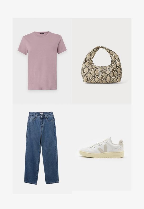 Men's crew neck t-shirt in light mauve, made of soft fabric. Short sleeves, regular fit, with a smooth texture and no visible patterns.; Classic blue denim jeans with a straight-leg design, five pockets, and a button closure. Features a medium wash and sturdy texture.; White leather sneaker with beige suede accents, perforated toe box, flat laces, and a textured cream sole. Features subtle branding on heel.; Snake-print handbag with a curved handle. Made from textured, beige and brown materials, featuring a distinctive diamond pattern.